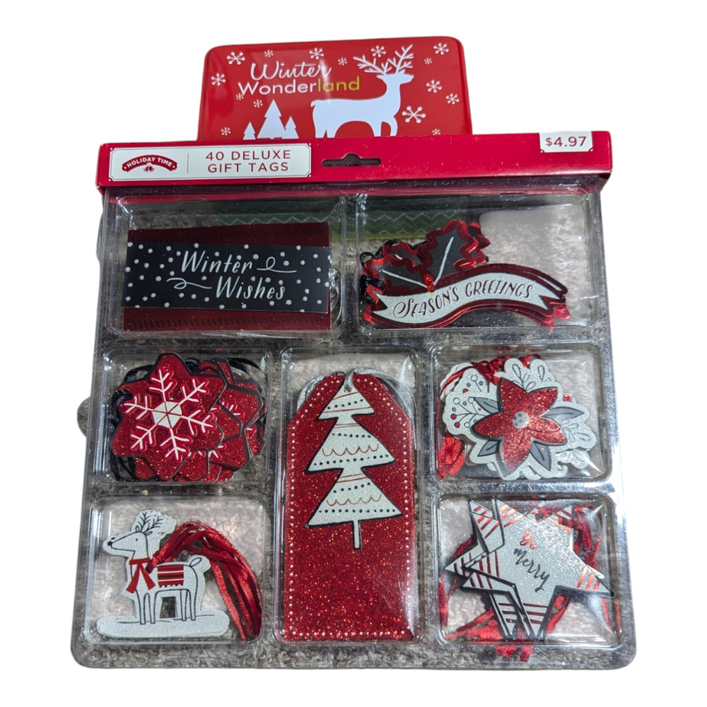 Winter Wonderland-40 Piece Deluxe Gift Tag Set (New) and Decorative Tin (used)